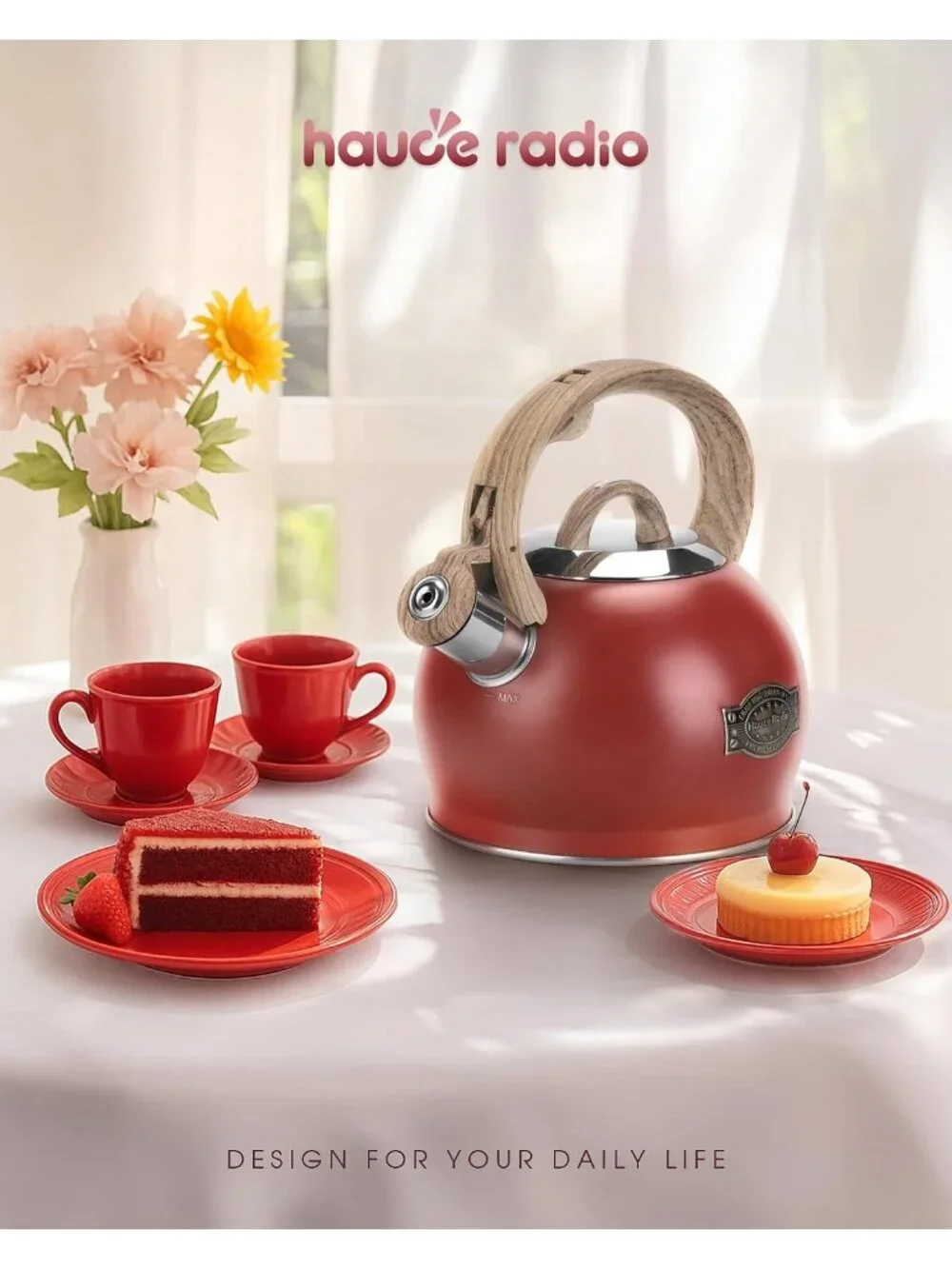 Red Whistling Tea kettles 2.1 Quart Stainless Steel Stovetop with Wood Handle